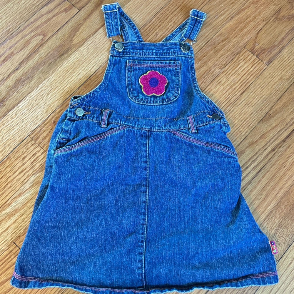 Vintage ESPRIT Toddler 3T Denim Jumper‎ Dress Hong Kong With Embroidered Flower